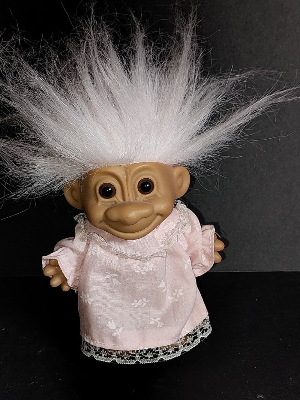 Vintage Russ Troll Doll in Pink Nightgown Pink Hair with Brown Eyes